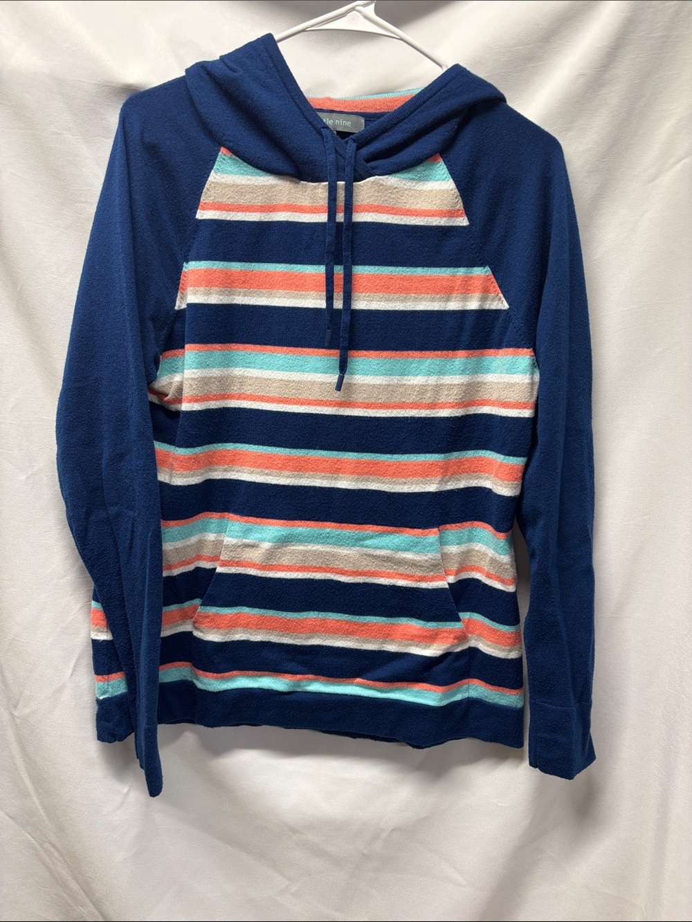 Title Nine Navy Crewneck Hoodie with Coral, Aqua & White Stripes